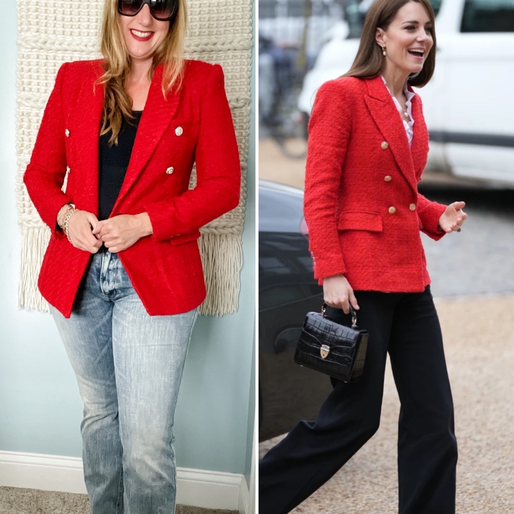 Zara Bright red double breasted bouclé Jacket Blazer Kate Middleton